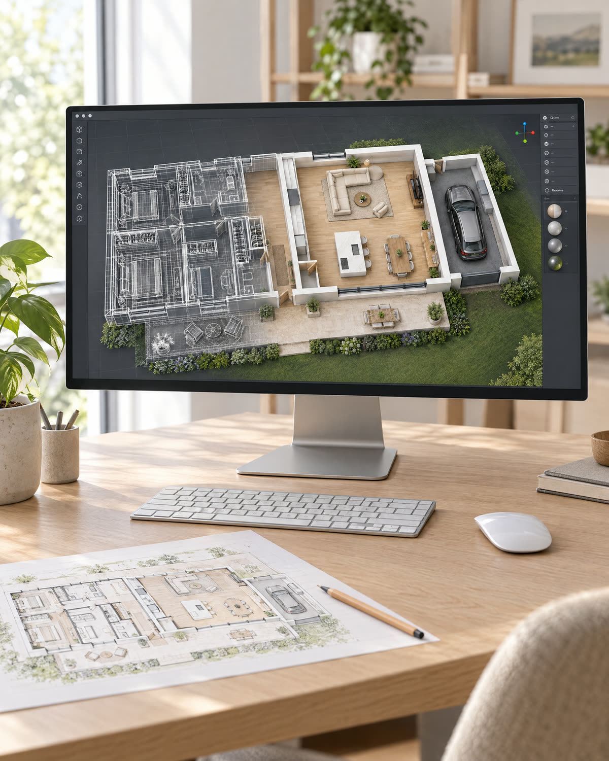 Monitor z modelem 3D domu, w połowie siatka, w połowie gotowe wnętrza